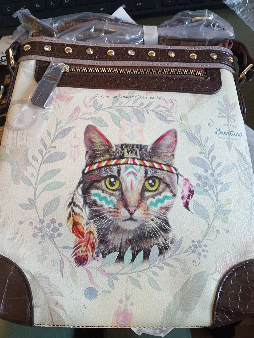 Nano White Cat Print Crossbody Bag with Brown Trim